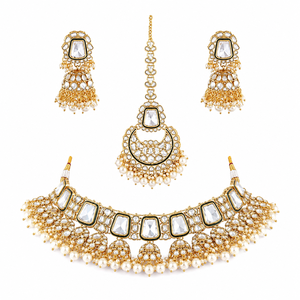 Conjunto de Collar y Pendientes con Diseño de Flor de Moissanita en Aleación de Zinc Chapado en Oro, Inspirado en Bollywood Indio, Joyería Étnica para Mujer - Product Image 1