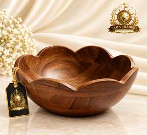Bol à salade en bois à bord festonné, bol de service en bois d'acacia fait main, vaisselle de cuisine en gros - Product Image 1