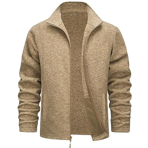 Men's Beige Fleece <b>Zip</b>-<b>Up</b> <b>Jacket</b> Regular Fit Stand Collar Casual Winter Wear Breathable Knitted Material Eco-Friendly Patchwork - Product Image 1