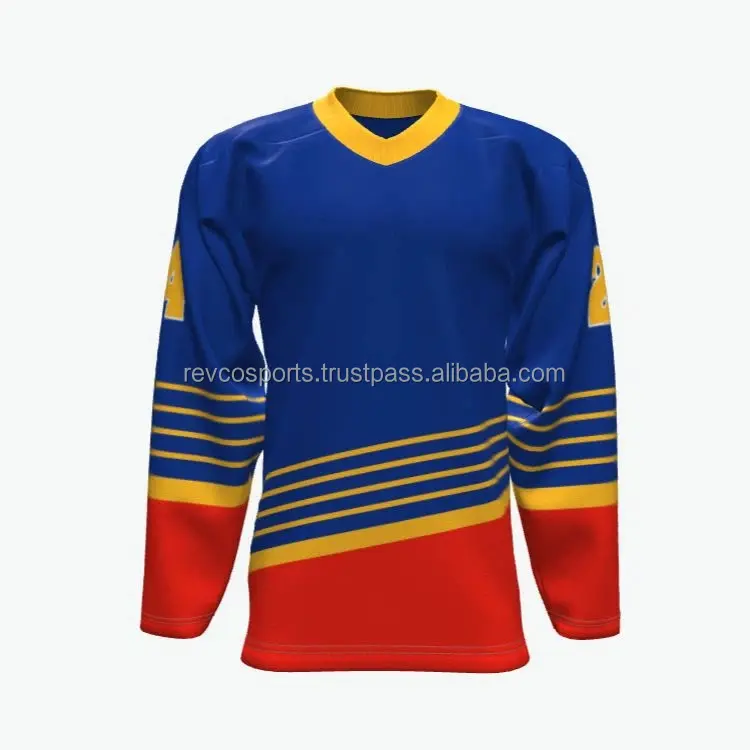 Red and royal blue with Golden Color Ice Hockey Jersey Youth league Ice hockey Jersey V Neck kids team ice hockey jerseys