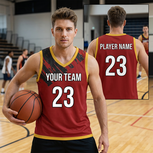 Camiseta de Baloncesto Retro Sublimada Personalizada, Transpirable, Cuello en V, Sin Mangas, con Ribete Rojo y Amarillo, Nombre del Equipo, Número del Jugador, Poliéster, para Adultos - Product Image 1