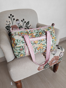 Mint Bird Floral Quilted Lightweight Duffel Bag with Zipper Closure and <b>Adjustable</b> <b>Straps</b> Casual Travel - Product Image 3
