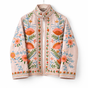 Cream Embroidered Bomber Jacket Orange Blue Floral Needle <b>Work</b> Coat <b>Stand</b> Collar Long Sleeves Women Casual Wear Masterpiece - Product Image 1