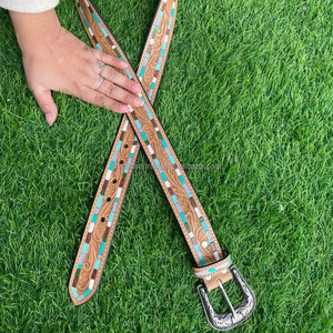 เข็มขัดลายดอกไม้ทำด้วยมือสำหรับผู้ชายและผู้หญิงเข็มขัดหนังวัวแท้แบบปรับได้ - Product Image 2