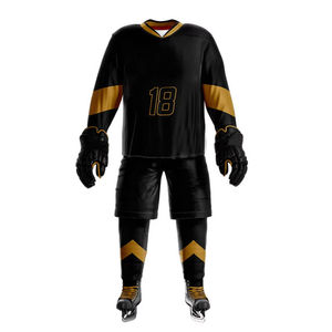 Ensemble de maillot de hockey sur glace noir et or pour homme, manches longues, sublimé, en polyester respirant, vêtements de sport d'hiver pour adulte - Product Image 1