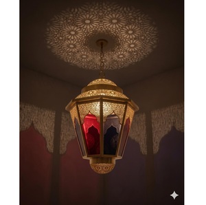 โคมไฟแขวนทองเหลืองโบราณสไตล์โมร็อกโก ทำด้วยมือ พร้อมกระจกสี ตกแต่งบ้าน - Product Image 5