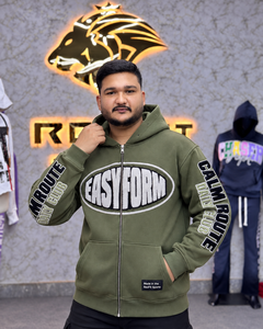 Sudadera con capucha unisex personalizada verde oliva con cremallera, mezcla de algodón y forro polar, estampado gráfico, bolsillo canguro, puños acanalados, estilo casual urbano. - Product Image 1