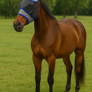 Masque anti-mouches en cuir véritable pour chevaux, protection estivale, maille respirante, protection UV, design doux pour les oreilles et le nez, pour l'équitation - Product Image 2