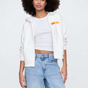 High Quality Women's White Hooded Zip-<b>Up</b> Sweatshirt Regular Fit Cotton Knitted Solid Color Front <b>Letter</b> Print Autumn Wear With - Product Image 4