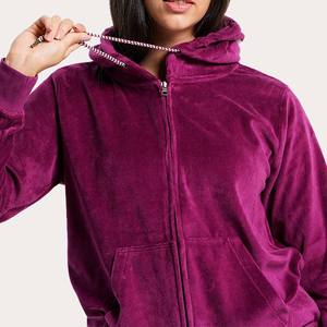 Custom Wholesale Solid Plum <b>Velvet</b> Zip-Up Hoodie and Pocket <b>Joggers</b> Tracksuit Set with Drawstring Hood for <b>Women</b> - Product Image 6