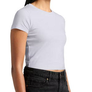 T-shirt court côtelé basique pour femme, à manches courtes, col rond, coupe ajustée, uni, extensible, léger, pour le quotidien - Product Image 2