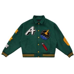 OEM Custom High Quality Turn Down Collar Chenille Patch Green Vintage woolen Varsity Jacket for Men - Product Image 5