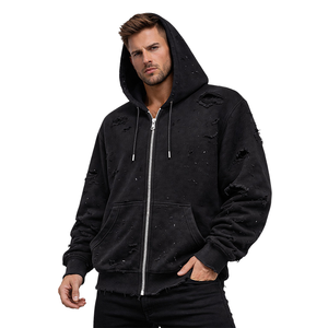 Sweat à capuche unisexe noir déchiré avec fermeture éclair, style vintage, en molleton délavé, streetwear, avec poches, 100 % coton - Product Image 5