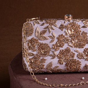 Traditional Indian Zardozi Silk Clutch Bag with Half Moon Pearl <b>Embroidery</b> for Women's Classic Wedding Fashion Purse - Product Image 2