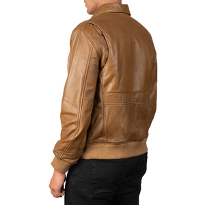 Unisex Tan Genuine Leather Motorcycle Bomber Jacket Classic Flap Pocket Design Ribbed Hem Casual Eco-Friendly <b>Waterproof</b> Front - Product Image 5
