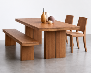 Ensemble de table à manger en teck de style Japandi haut de gamme, meubles modernes à structure en blocs - Product Image 1