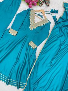 TENNECY New Gown Pair with Embroidered Patch Work Neck and Lace <b>Ankle</b>-Length Party Style ROMAN Material - Product Image 6