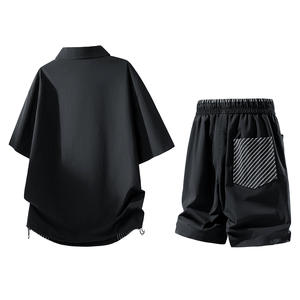 Men's Black Polo Shirt <b>Set</b> Casual Summer Short Sleeve Top Drawstring Shorts Floral Pattern Breathable <b>Knitted</b> 100% Thermal - Product Image 2