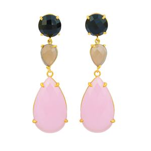 Boucle d'oreille longue onyx noir de haute qualité et rose grise et naturelle boucle d'oreille en argent sterling 925 - Product Image 1