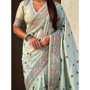 ผ้าไหมบาลูชารีสีฟ้าอ่อนลายทอซารีสำหรับงานกลางคืน น้ำหนัก 650 กรัม - Product Image 5