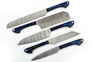 Juego de 5 Cuchillos de Cocina Hechos a Mano de Acero de Damasco con Hoja Recta y Punta Caída, con Mangos de Madera Azul, Personalizables OEM/ODM/OBM - Product Image 6