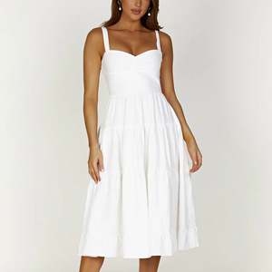 Robe midi dos nu ample et décontractée en coton et lin, couleur unie, taille naturelle, manches évasées, style halter, respirante, pour l'été – Vente en gros - Product Image 5