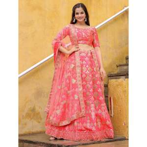 Encantador Peach Bordado Seda Boda Lehenga Choli Con Dupatta - Product Image 1