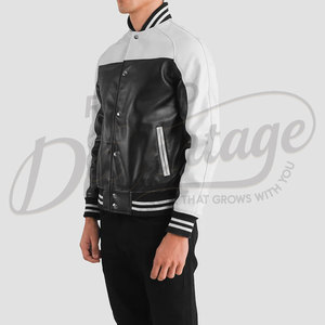 Chaqueta Bomber Varsity de Cuero Genuino Bicolor en Blanco y Negro para Hombre con Paneles de Hombro en Contraste y Puños Acanalados a Rayas - Product Image 5
