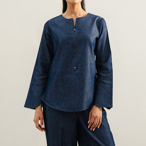 Camisa Túnica de Mezclilla Ligera de Color Azul Vintage para Mujer, Camisas Túnica Holgadas de Manga Larga con Botones, Estilo Casual para Damas - Product Image 1