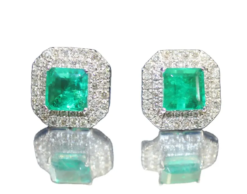 2 PC High Quality Swiss Emerald Stud Earring 1.96ct Natural Round Diamond Emerald 14K Solid White Gold Wedding Stud Earring