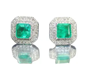 2 PC High Quality Swiss Emerald Stud Earring 1.96ct Natural Round Diamond Emerald 14K Solid White Gold Wedding Stud Earring