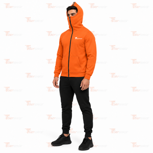 Sweat-shirt à capuche zippé intégral orange pour homme, coupe classique, en molleton de coton, avec poche avant, style décontracté pour l'automne, fermeture éclair intégrale. - Product Image 4