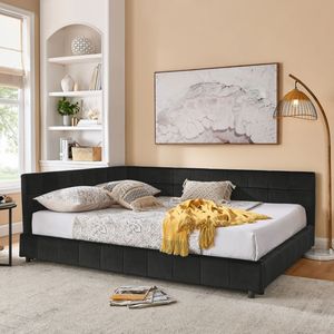 Queen Size velluto nero imbottito Tufted telaio del letto 85.5 ''* 64.5'' * 30.5 ''schienale comodo braccioli divano telaio del letto per - Product Image 1