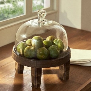 Low profile <b>glass</b> <b>cake</b> <b>dome</b> with wooden feet base modern dessert cover display for kitchen counter table low height simple look - Product Image 5