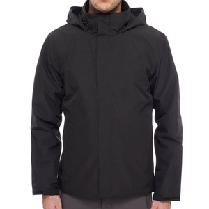 Men's Black Solid Stand Collar Hooded Puffer <b>Jacket</b> Windproof Zipper Closure Casual Winter Outerwear Regular Fit Polyester Shell - Product Image 1