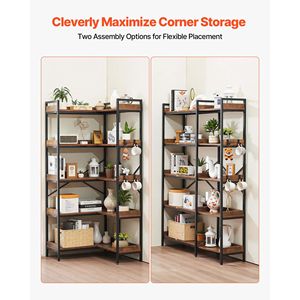 Libreria angolare a 5 ripiani alta 166 cm con 4 ganci, struttura in metallo resistente e ripiani in legno dal design moderno, stile industriale L S - Product Image 2