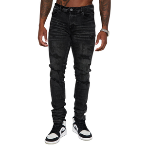 Jeans Negros para Hombre, Corte Regular, Mezclilla Elástica, Efecto Lavado Medio, Cinco Bolsillos Clásicos, Estilo Desgastado, Moda Urbana, Uso Diario - Product Image 1