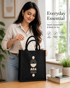 AMANI Geometric Pattern Jute Beach Tote <b>Bag</b> <b>Medium</b> <b>Size</b> Black with Gold Print Hand Length Handle West Bengal Groceries Daily Use - Product Image 5