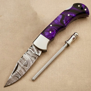 มีดพับเหล็กดามัสกัสคุณภาพสูง Custom DAMASCUS ARTS TRADING พร้อมด้ามเรซิ่น สำหรับการล่าสัตว์และการตั้งแคมป์ รับประกัน 3 ปี - Product Image 3