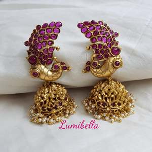 Ruby Embellished Peacock Jhumka Fine Dangle Earrings - Product Image 2
