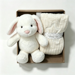 customized white floppy‑ear bunny plush and knitted blanket <b>gift</b> set, <b>boxed</b> newborn rabbit plush <b>gift</b> <b>hamper</b>, baby shower plush - Product Image 2