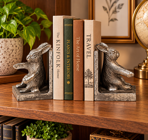 Sujetalibros de Conejo Plateados Antiguos, Juego de 2 Esculturas de Animales de Aluminio, Soportes Decorativos de Metal para Libros con Acabado Texturizado - Product Image 2