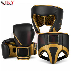 Guantes de boxeo de cuero de vaca negro dorado de primera calidad, resistentes y de alto rendimiento, conjunto de protector facial completo y protector abdominal - Product Image 1