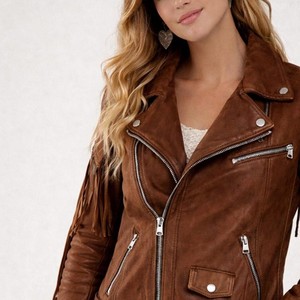 Premium Brown Women Fringe <b>Suede</b> <b>Leather</b> <b>Jacket</b> Asymmetric Zip Closure Belted Waist Custom Sample And Customization Available - Product Image 6