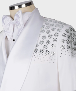 <b>Men</b>’s <b>White</b> Embellished Tuxedo Blazer with Floral Crystal Detailing – Designer Shawl Lapel Wedding Suit <b>Jacket</b> - Product Image 2