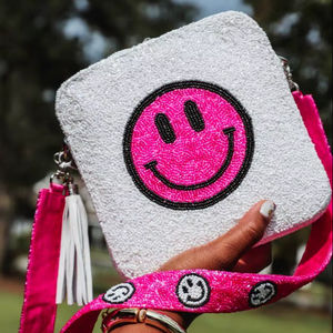 Sac bandoulière rose à motif smiley perlé, sac à main carré en perles blanches avec pompon, sac de soirée pour femme, sac messager - Product Image 1