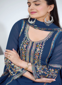 Faux Georgette Embroidered <b>Kurti</b> Pant Set with Dupatta Traditional Sequence Work Three Piece Salwar Suit for Women - Product Image 5