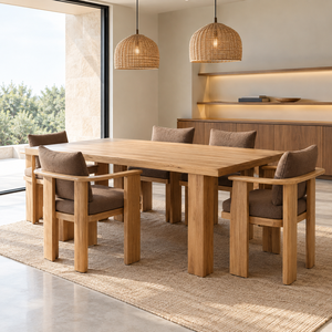 Ensemble de table à manger en teck massif avec fauteuils et coussins bruns, mobilier moderne pour extérieur, patio, hôtel, café, restaurant - Product Image 1