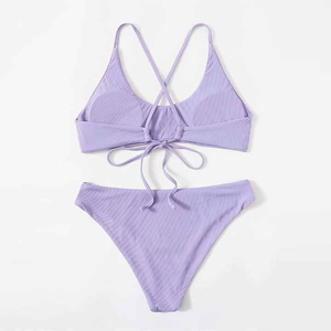 Conjunto de bikini acanalado morado para mujer, top halter cruzado, braguita hipster, traje de baño de punto elástico, ajuste regular - Product Image 3