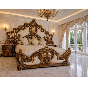 Lit Maharaja au look majestueux pour la maison américaine, finition noyer antique, lit king size, bois de teck richement sculpté, mobilier de chambre principale, Royaume-Uni - Product Image 1